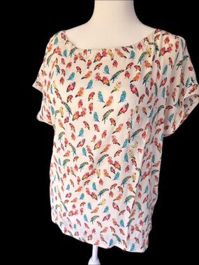 LOFT Bird Print Blouse Multicolor Parrot Short Sleeve Top Size M